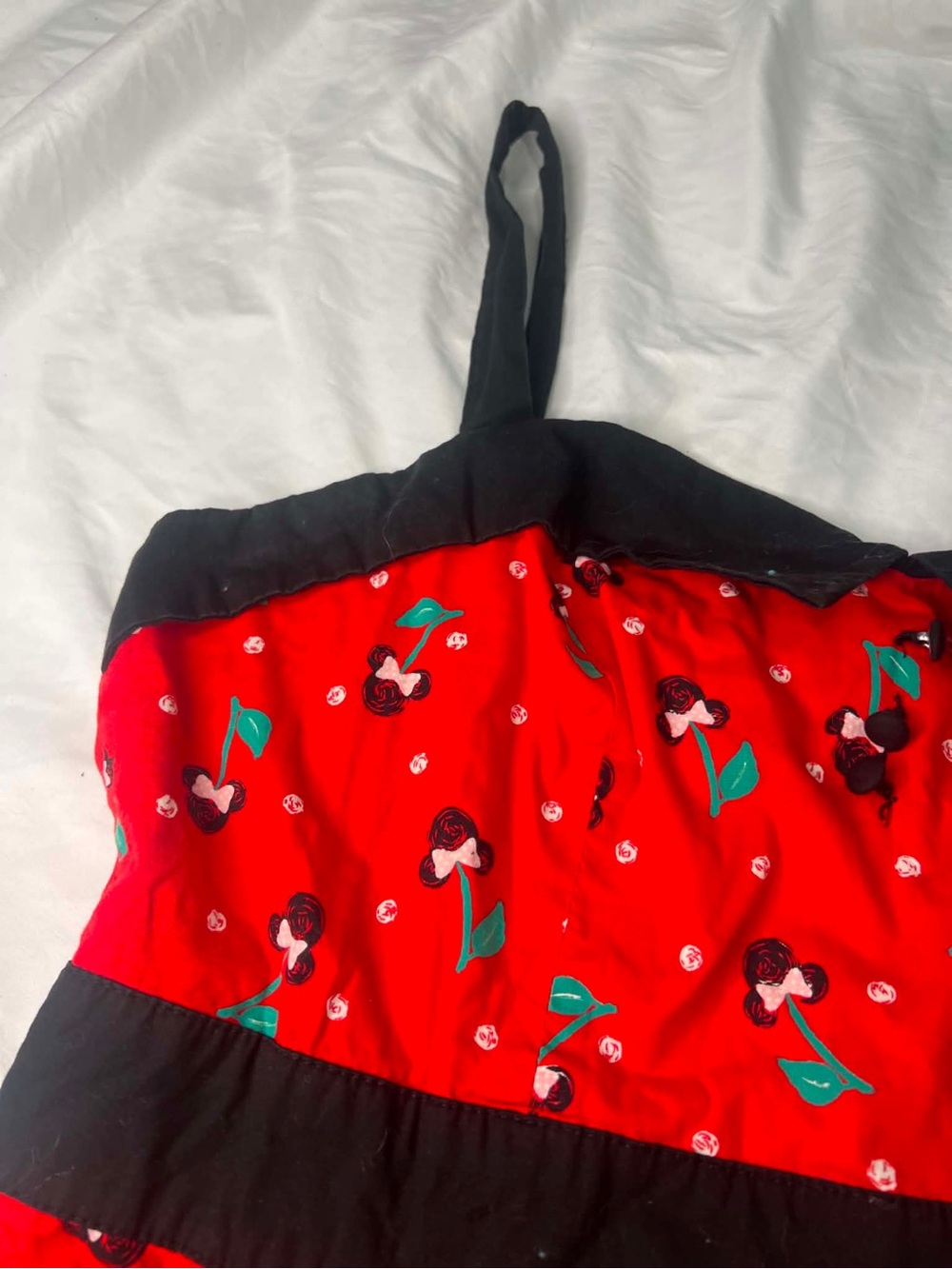 Disney Red Midi Dress with Black Trim and Green Floral Accents - Picture 5 of 5